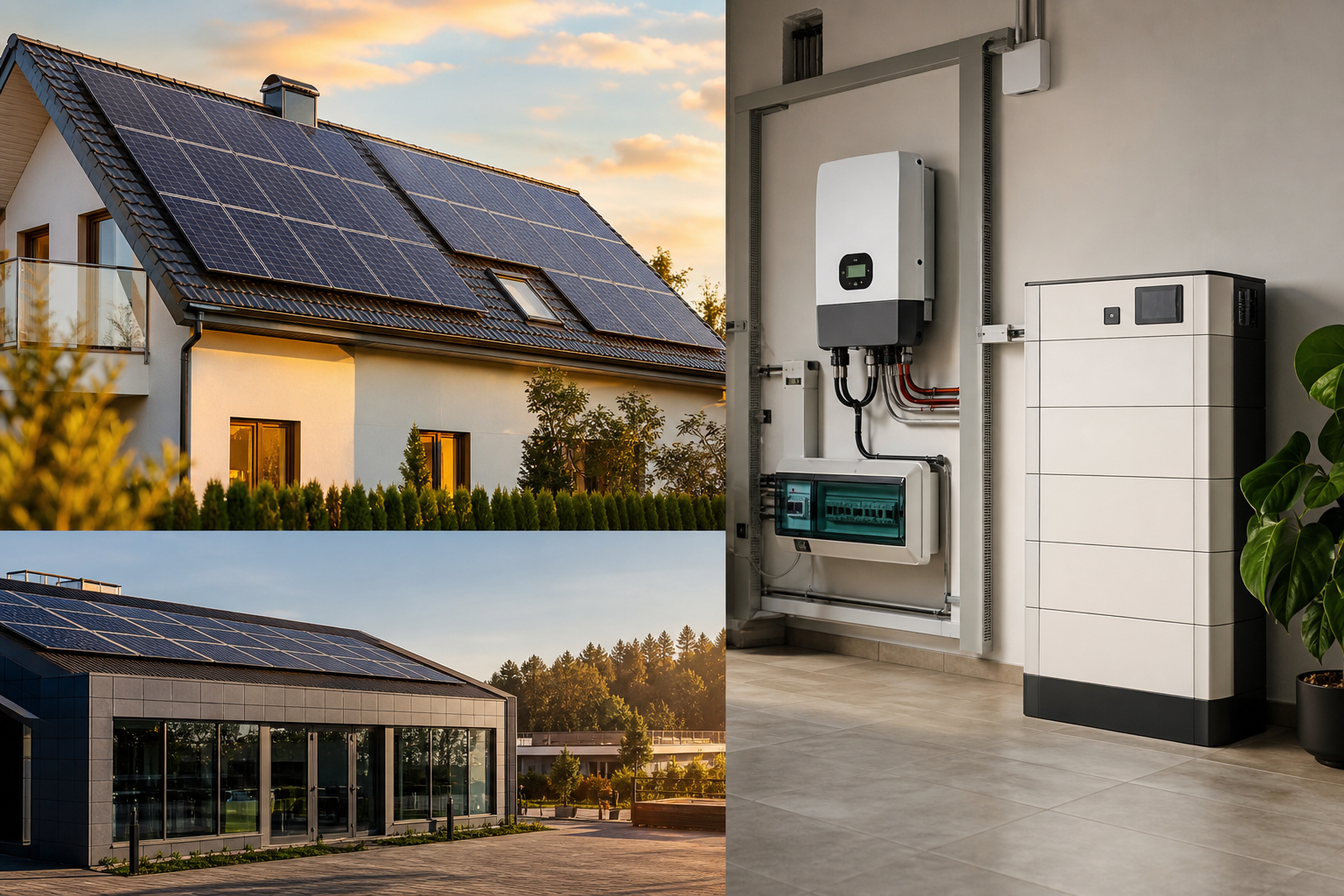 Saulės elektrinės, inverterio ir baterijų sistemos vizualas