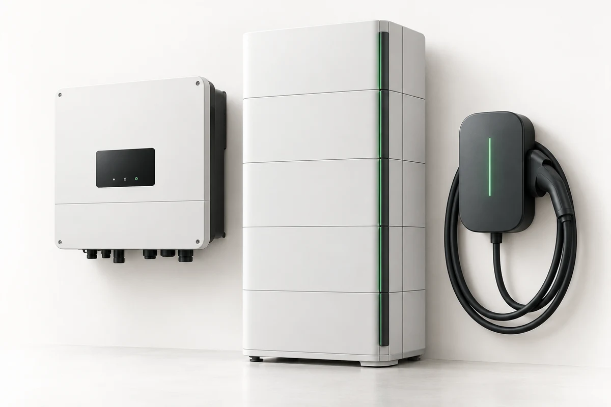 Inverterio, energijos kaupiklio ir EV stotelės iliustracinė kompozicija